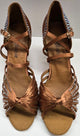 2.5" Aurora -- Women's Gold Flare Heel Latin Sandal -- Dark Tan Satin