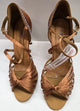 3.5" Aurora -- Women's Gold Flare Heel Latin Sandal -- Dark Tan Satin