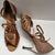 3.5" Aurora -- Women's Gold Flare Heel Latin Sandal -- Dark Tan Satin