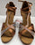 2.5" Dominique -- Women's Gold Flare Heel Latin Sandal -- Dark Tan Satin/Gold Heel