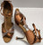 2.5" Dominique -- Women's Gold Flare Heel Latin Sandal -- Dark Tan Satin/Gold Heel